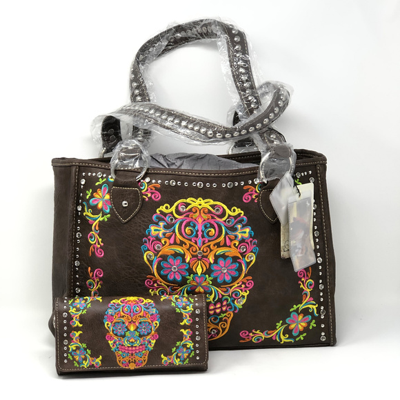 Montana West Handbags - Montana West Sugar Skull Concealed Carry Wide Tote